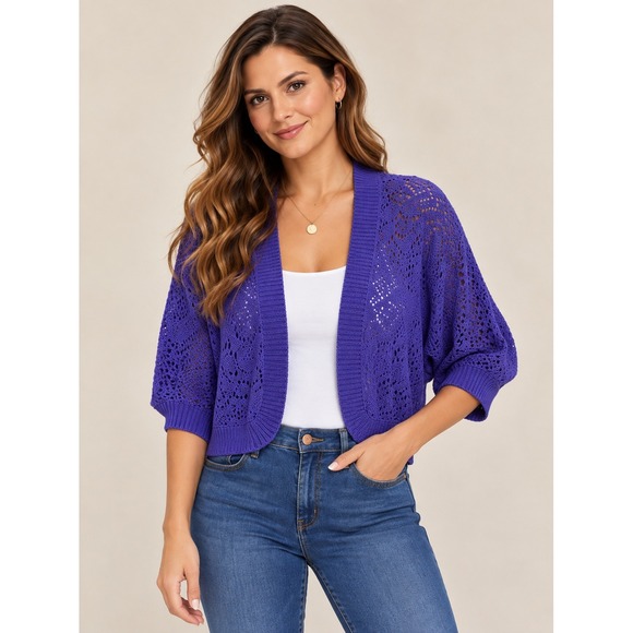 Jenny Sweaters - Jenny Cardigan Women XL Purple Cotton Pointelle Open Knit Cropped Boho Shrug